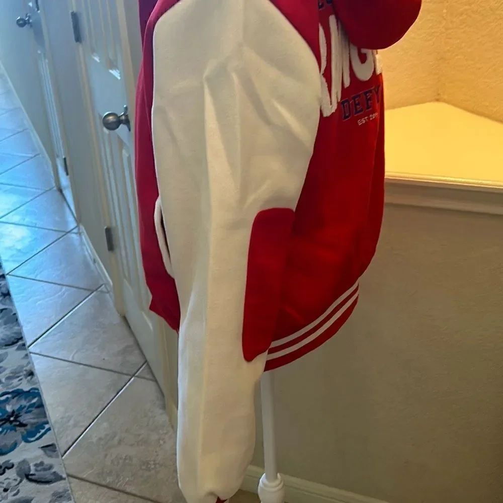 Rawgear Mens Size Small Varsity Bomber Jacket Red White Hooded Snap Front NWT